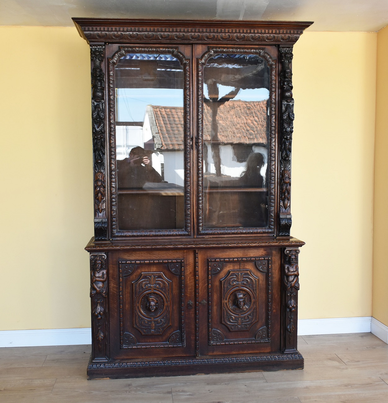 Victorian Carved Oak Two Height Bookcase