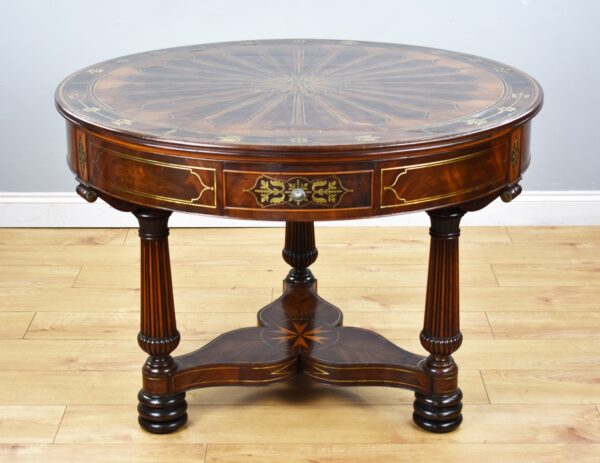 Regency Flame Mahogany Brass Inlaid Drum Table