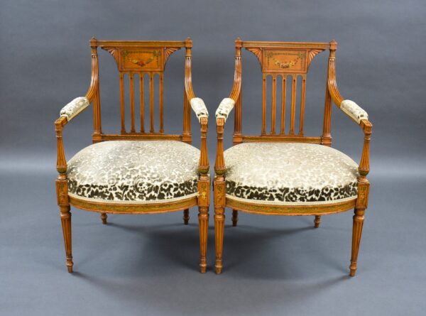 Pair of Edwardian Satinwood Hand Painted Armchairs - Image 5