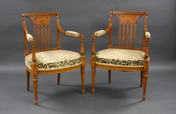 Pair of Edwardian Satinwood Hand Painted Armchairs