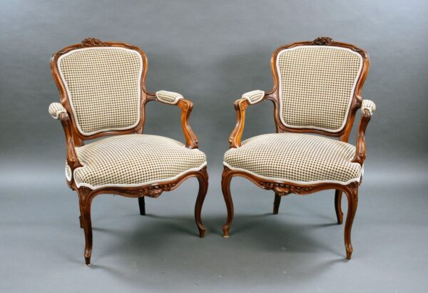 Pair Louis XVI Style Walnut Open Armchairs