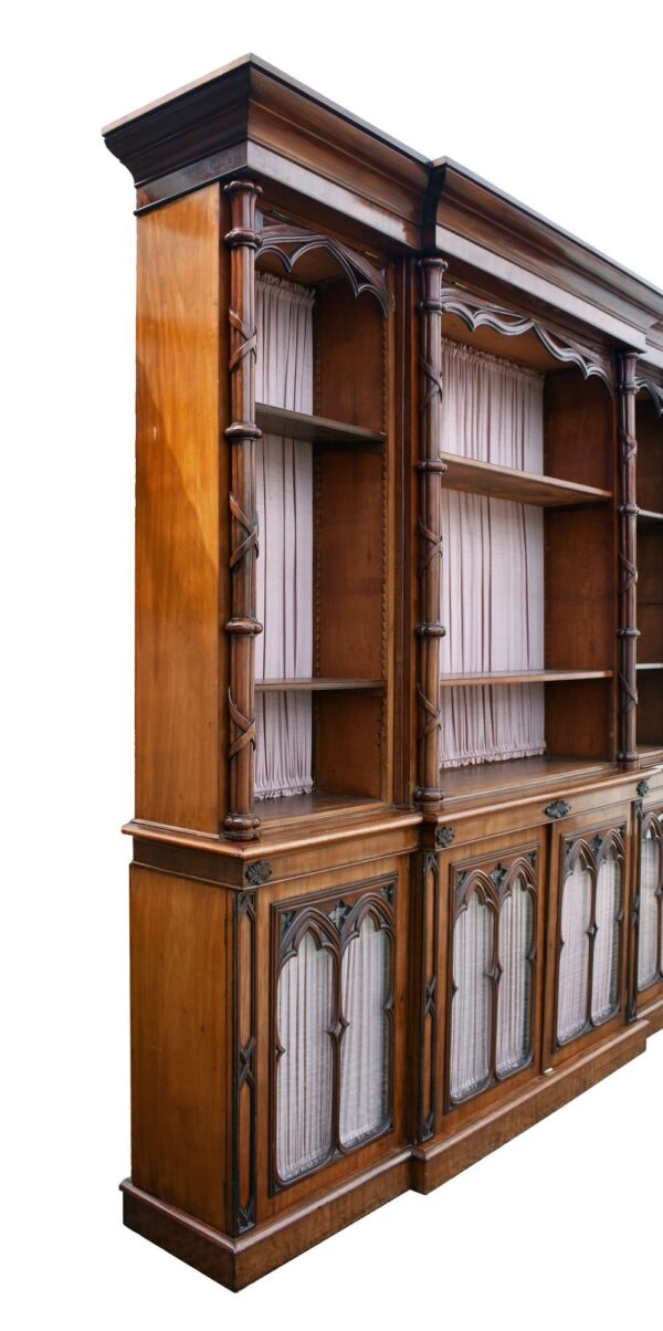 Victorian Mahogany Gothic Revival Puginstic Breakfront Bookcase