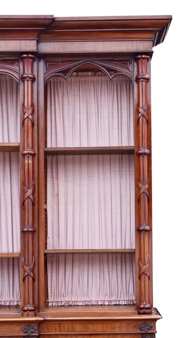 Victorian Mahogany Gothic Revival Puginstic Breakfront Bookcase - Image 9