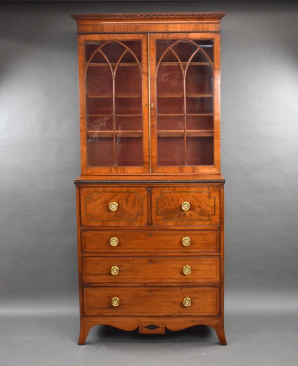 George III Mahogany Brass Inlaid Secretaire Bookcase