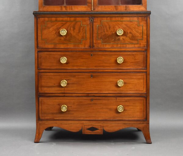 George III Mahogany Brass Inlaid Secretaire Bookcase - Image 5