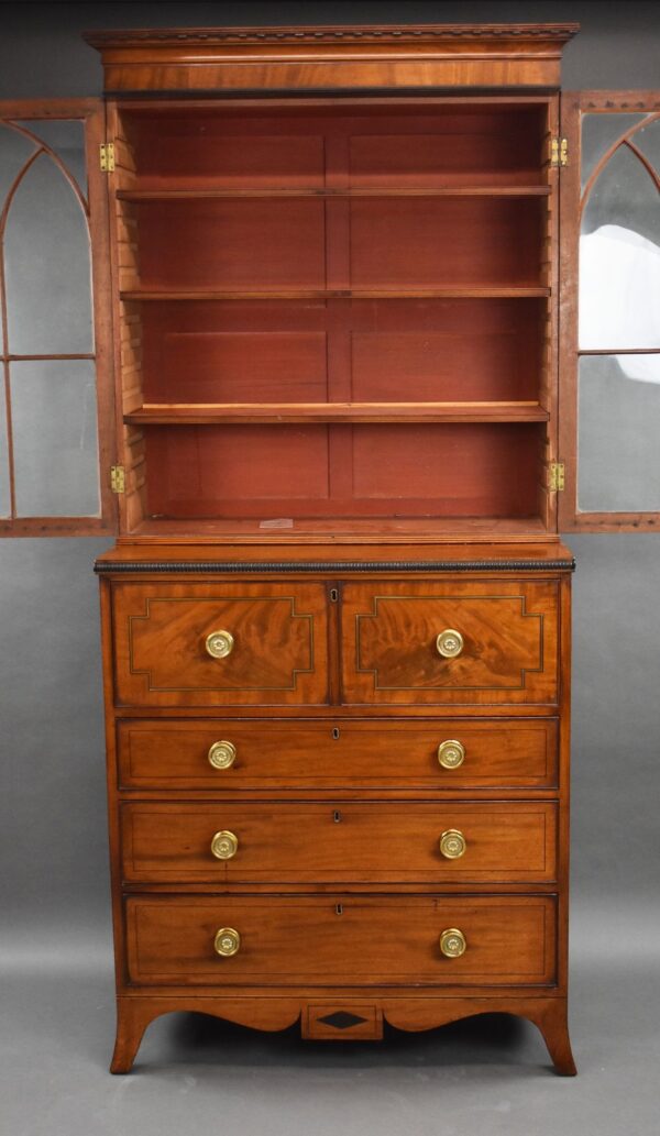 George III Mahogany Brass Inlaid Secretaire Bookcase - Image 12