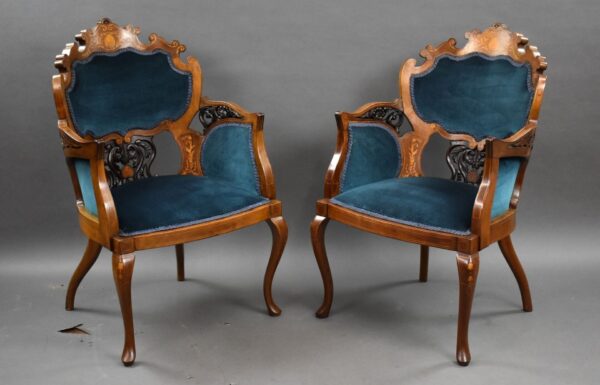 Pair of Victorian Mahogany Marquetry Inlaid Armchairs
