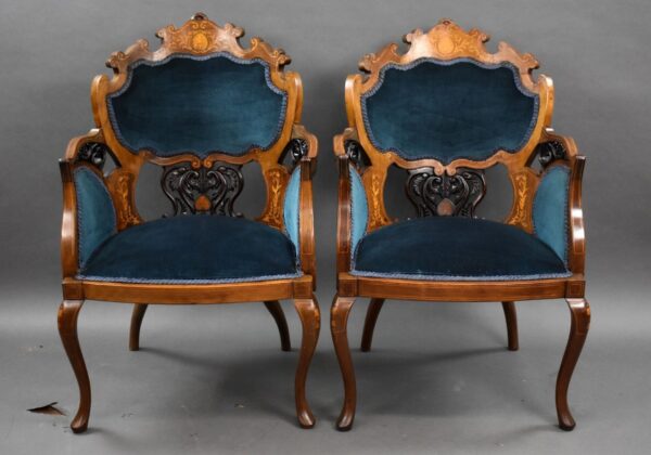 Pair of Victorian Mahogany Marquetry Inlaid Armchairs - Image 2