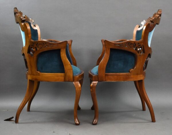Pair of Victorian Mahogany Marquetry Inlaid Armchairs - Image 5