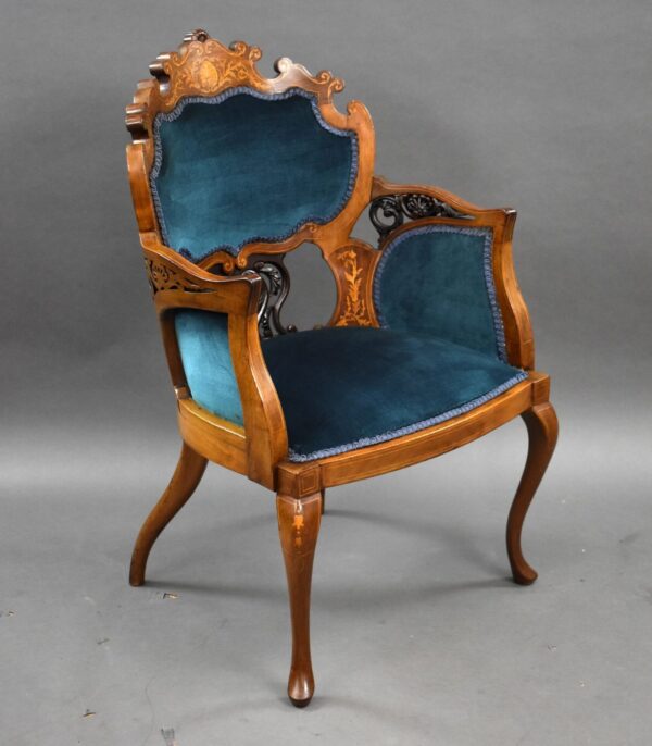 Pair of Victorian Mahogany Marquetry Inlaid Armchairs - Image 6