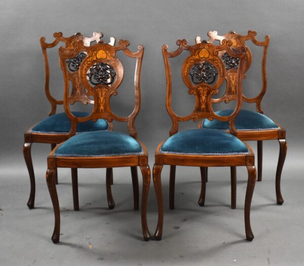 Set of Four Victorian Mahogany Marquetry Inlaid Salon Chairs