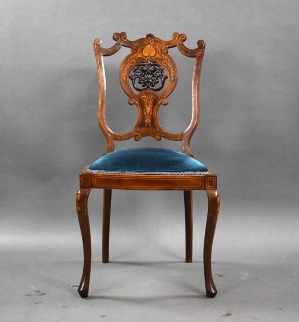 Set of Four Victorian Mahogany Marquetry Inlaid Salon Chairs - Image 3
