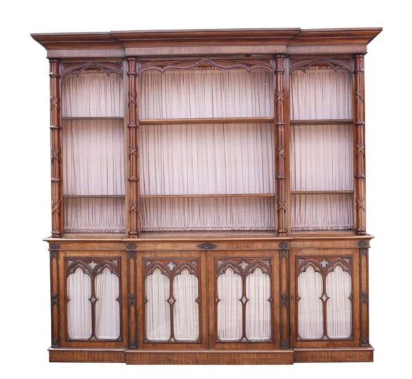 Large Victorian Gothic Revival Mahogany Breakfront Bookcase