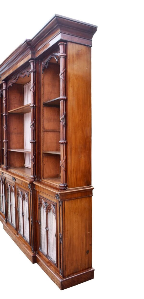 Large Victorian Gothic Revival Mahogany Breakfront Bookcase - Image 12