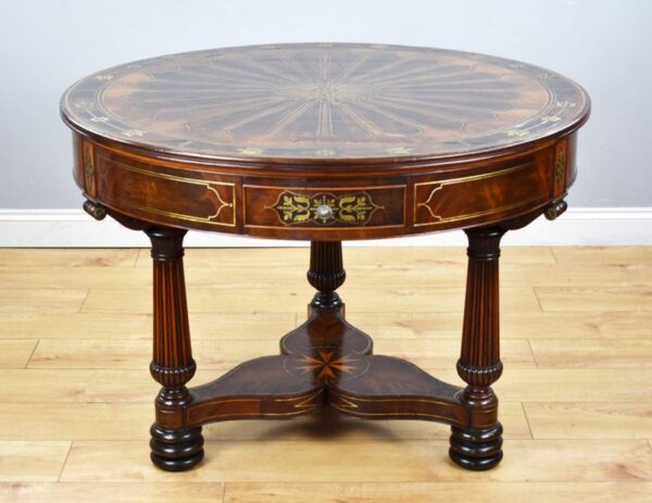 Regency Flame Mahogany Brass Inlaid Drum Table - Image 3